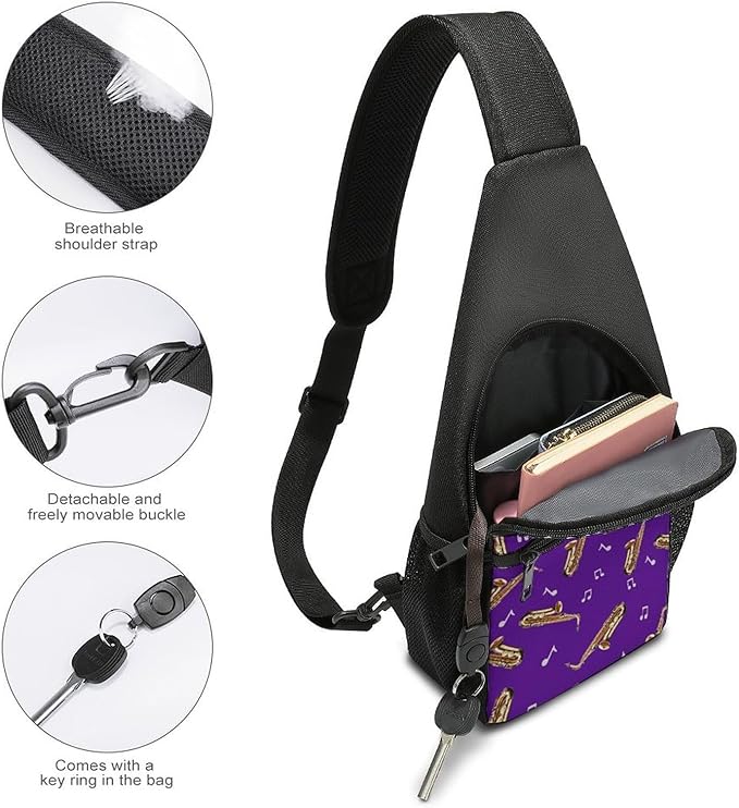 SWEET TANG Womens Fashion Gym Bags Anti Theft Crossbody Shoulder Chest Bag with Small Pocket, Multipurpose Daypack Bag for Cycling Traveling Hiking, Saxophone And Music Purple