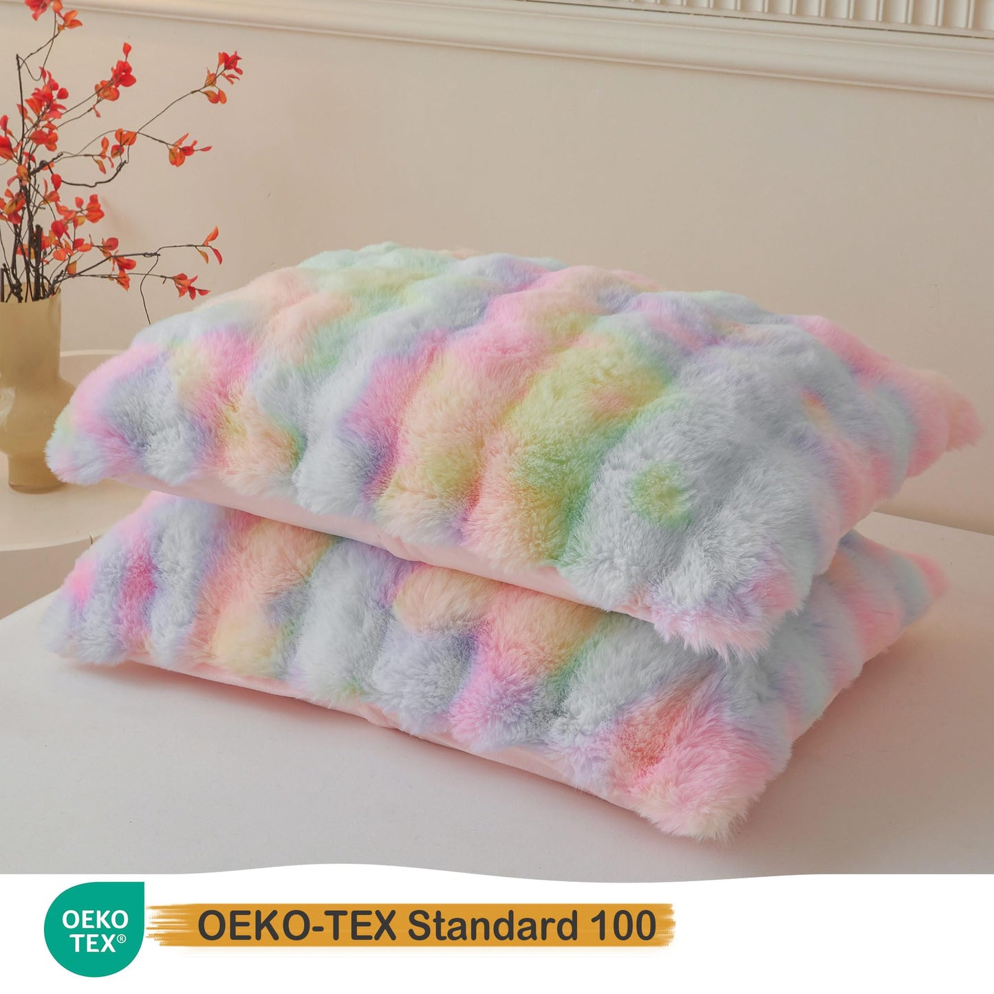 LIFEREVO 2 Pieces Fluffy Faux Rabbit Fur Pillow Cases, Luxury Soft Plush Shaggy Bubble Pillowcases Standard Size with Zipper, Furry Fuzzy Long Pillow Shams for Adult Girls Kids Teens 20x26, Rainbow