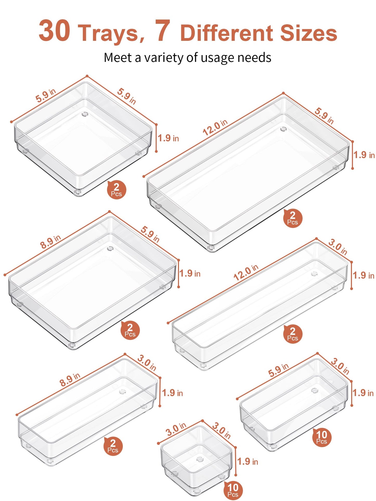 SMARTAKE 30-Piece Drawer Organizer with Non-Slip Silicone Pads, 7-Size Desk Drawer Organizer Trays Storage Tray for Makeup, Jewelries, Utensils in Bedroom Dresser, Office and Kitchen (Clear)