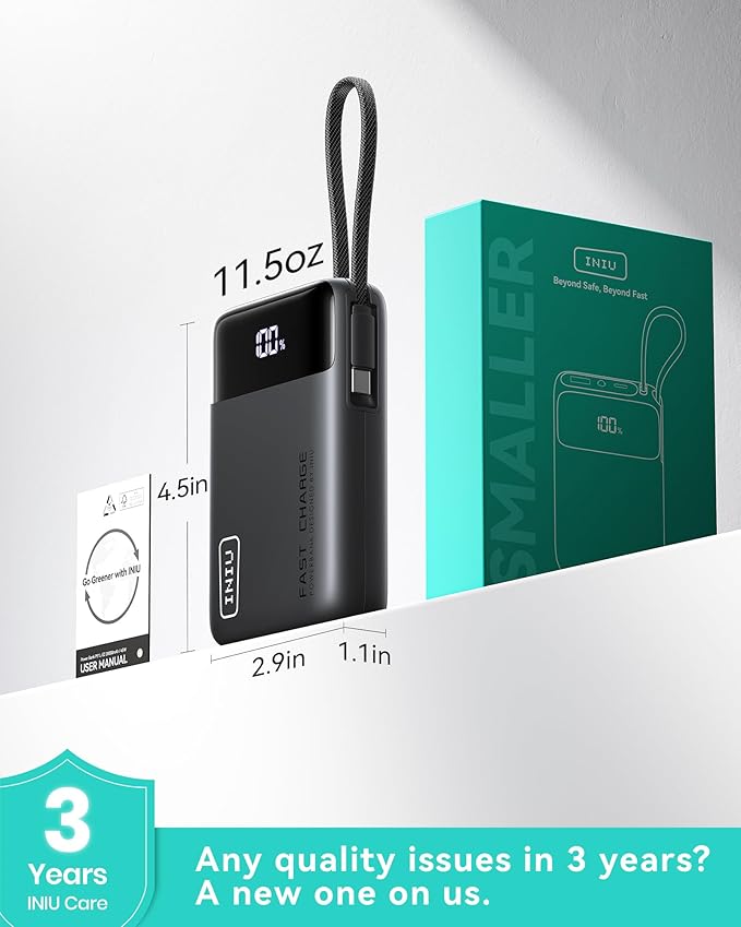 INIU 45W Portable Charger, Smallest 20000mAh Power Bank with Build in USB-C Cable, Fast Charging USB C in&Out Battery Pack, Travel Phone Charger for iPhone 17 16 15 Air Samsung S25 S24 Google, Beige