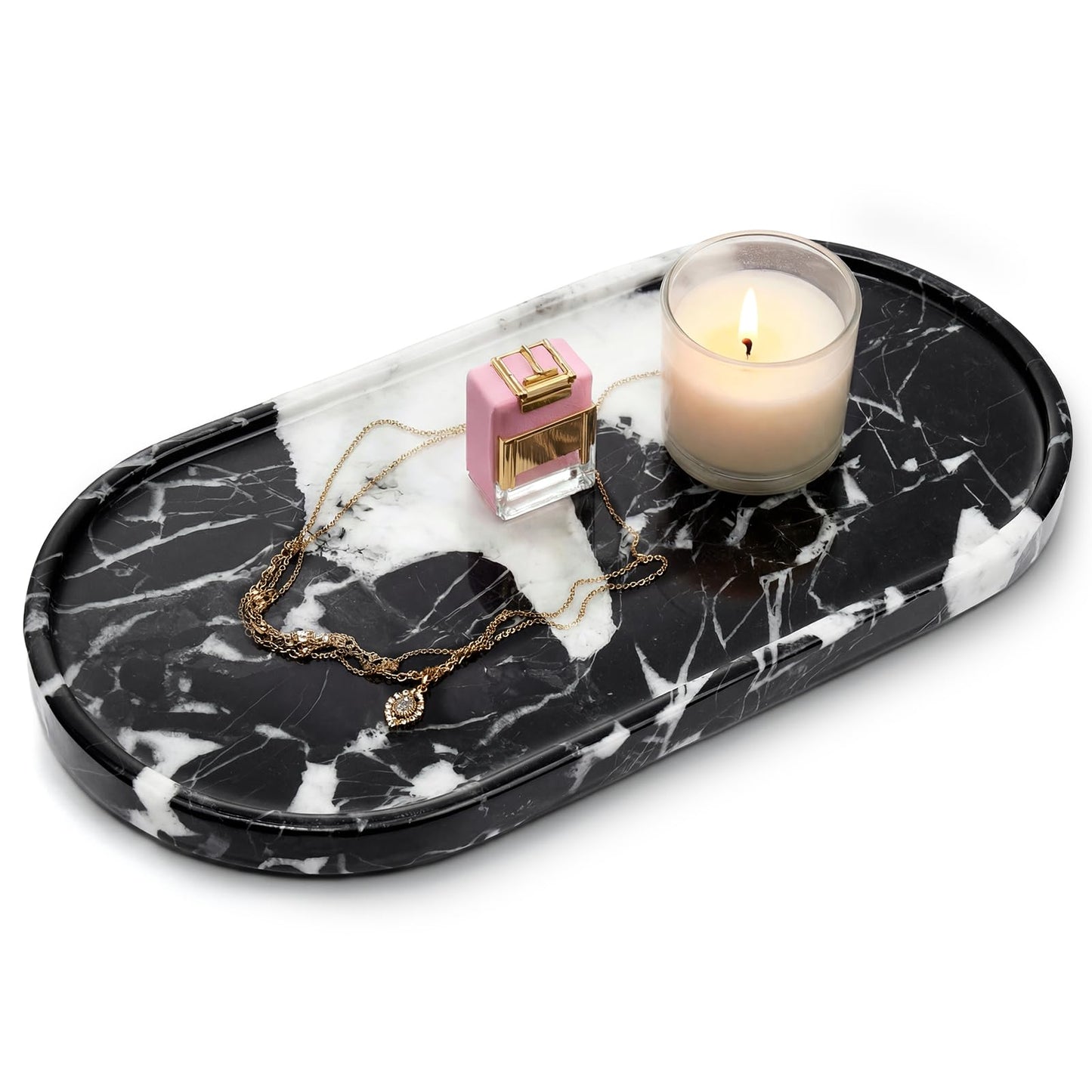 Natural Marble Tray Bathroom Tray, Luxury Decorative Trays for Bathroom, Vanity, Dresser, Kitchen & Home Decor, Valentine's Day House Warming Gifts New Home (Black)