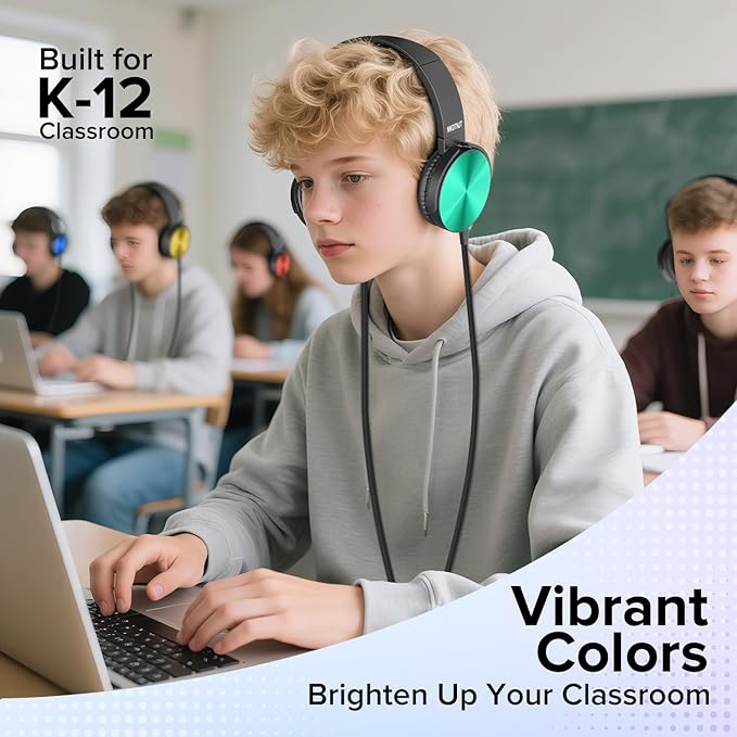 Kids Headphones Bulk 5 Pack Mixed Colors,On-Ear Premium Student Bulk Headphones,Comfy Swivel Earphones for Classroom School Library Airplane,Noise Stereo Sound 3.5mm Jack(HTC004)