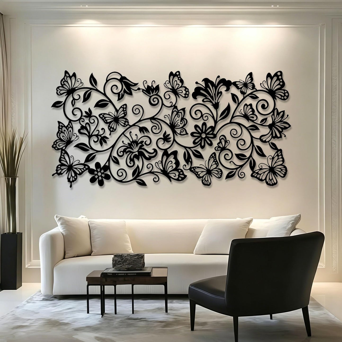 Cobomv Butterfly Floral Metal Wall Art, Butterfly with Flowers Metal Wall Decor, Boho Wall Art, Butterflies Decoration, Nature Home Decor for Living Room, Outdoor, Garden (Silver, 19"x9"/47x23cm)