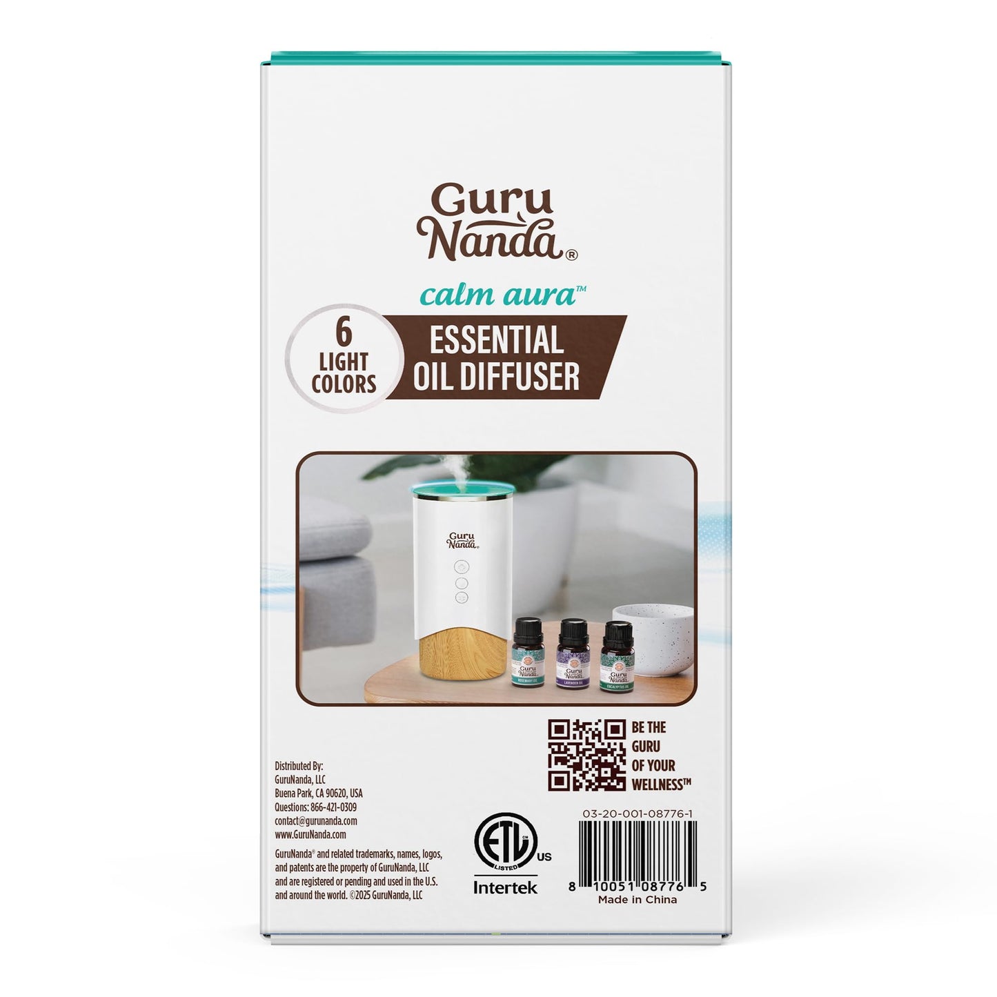 GuruNanda Calm Aura Essential Oil Diffuser, Sleek Modern Corded Electric Aromatherapy Diffuser with Turbo & Mist Modes, Auto Shut-Off Safety, Covers 250 Sq Ft, White, 100 ml