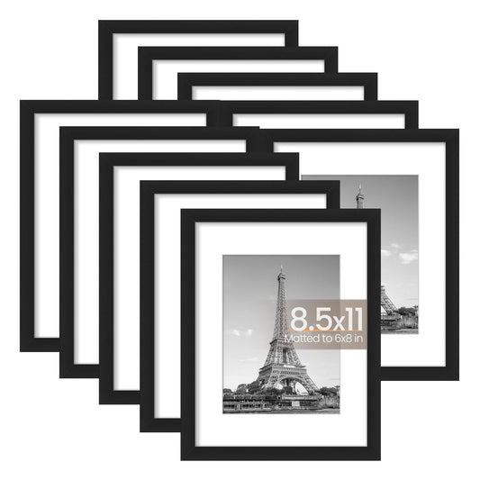 upsimples 8.5x11 Picture Frame Set of 10, Display Pictures 6x8 with Mat or 8.5x11 Without, Multi Photo Frames Collage for Wall or Tabletop Display, Black