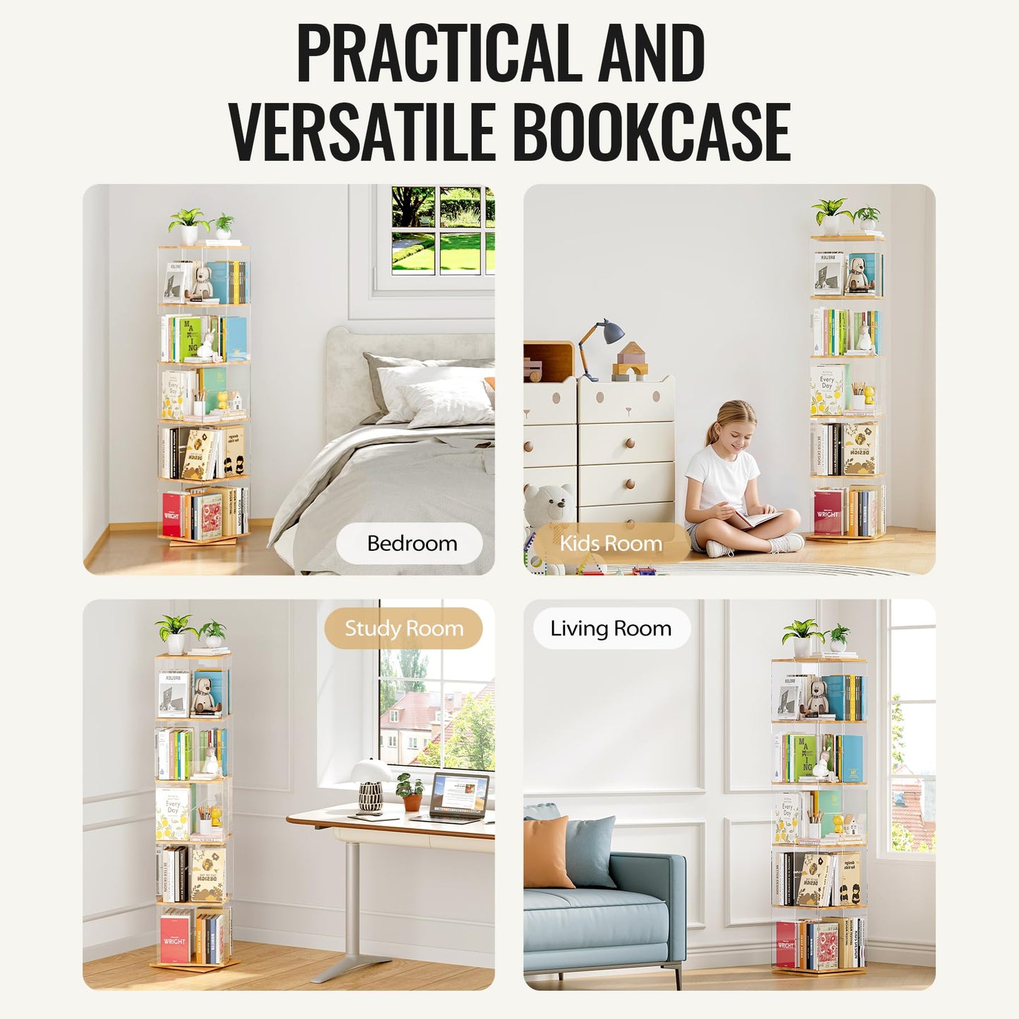 TAKEKIT 5-Tier Rotating Bookshelf, 360° Spinning Book Shelf Tower with Solid Wood & Clear Acrylic, Square Revolving Bookcase for Kids Room, Living Room, Bedroom and Office