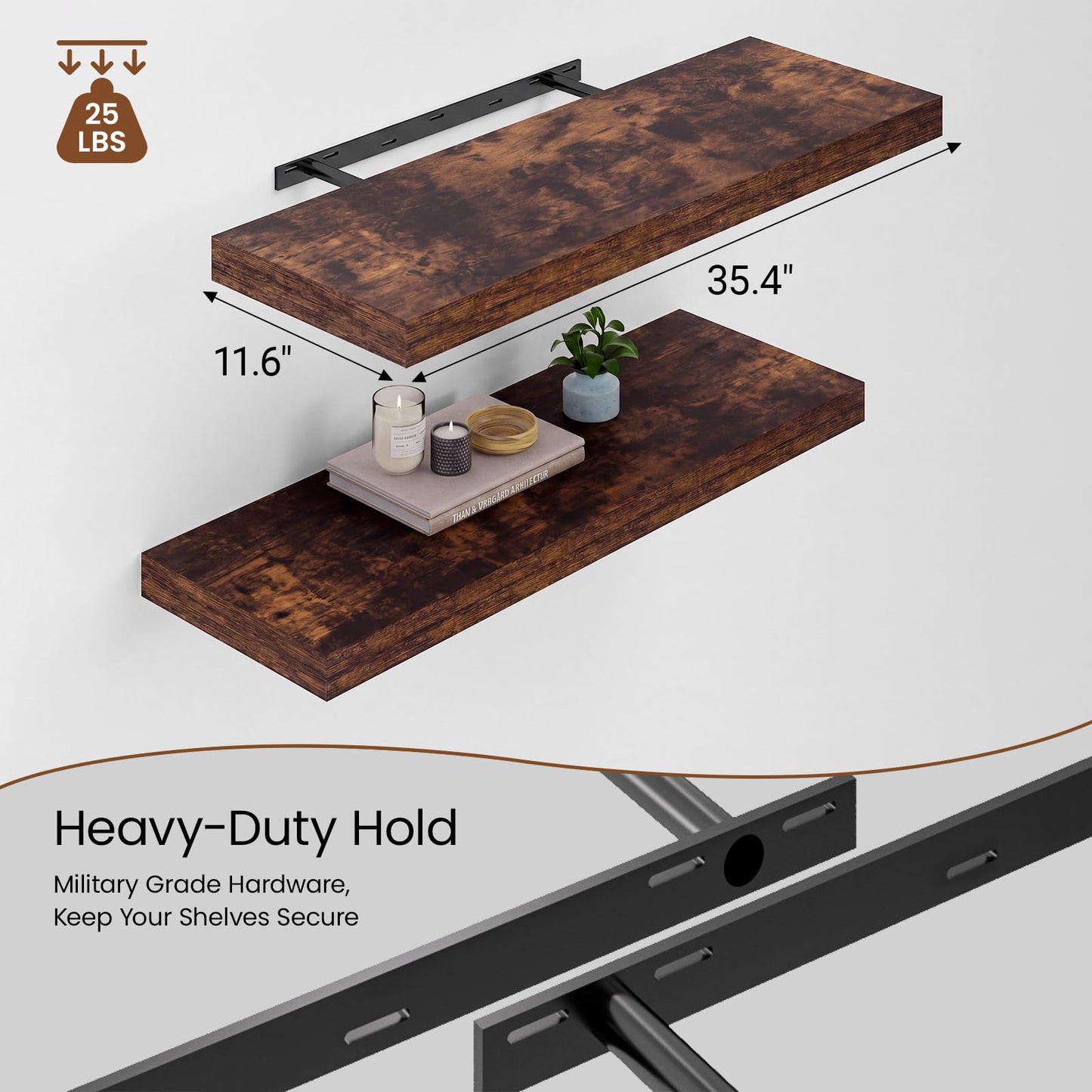 Heimlove 36 Inch Long Floating Shelf for Wall, 12" Deep Floating Shelves Shelves for Bedroom Living Room Bedroom,Wall Mounted Shelves for Storage Book Decor, Set of 2, Rustic Brown