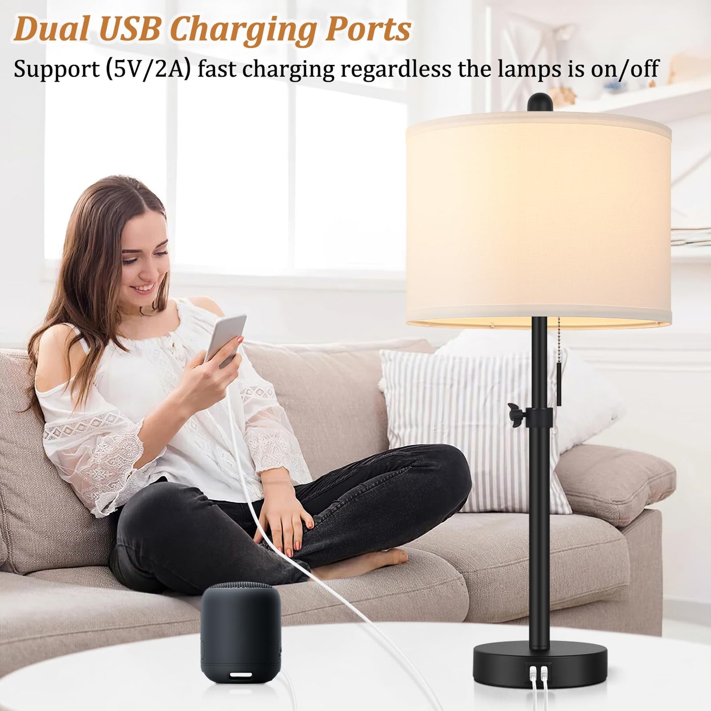 Kondras Table Lamp for Bedroom Set of 2, 23" to 30" Height Adjustable Bedside Lamp with 2 USB Ports, Black Nightstand Lamp with White Shade, Modern Pull Chain Table Lamp for Living Room End Table