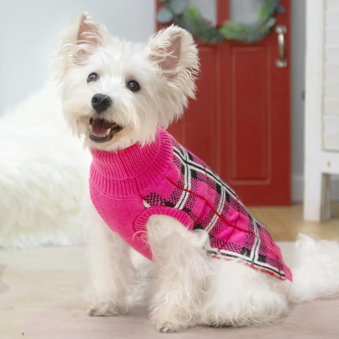 PUPTECK Dog Sweaters for Large Medium Small Dogs - Fall Classic Plaid Style Puppy Holiday Winter Coat Clothes Warm, Fuschia, L