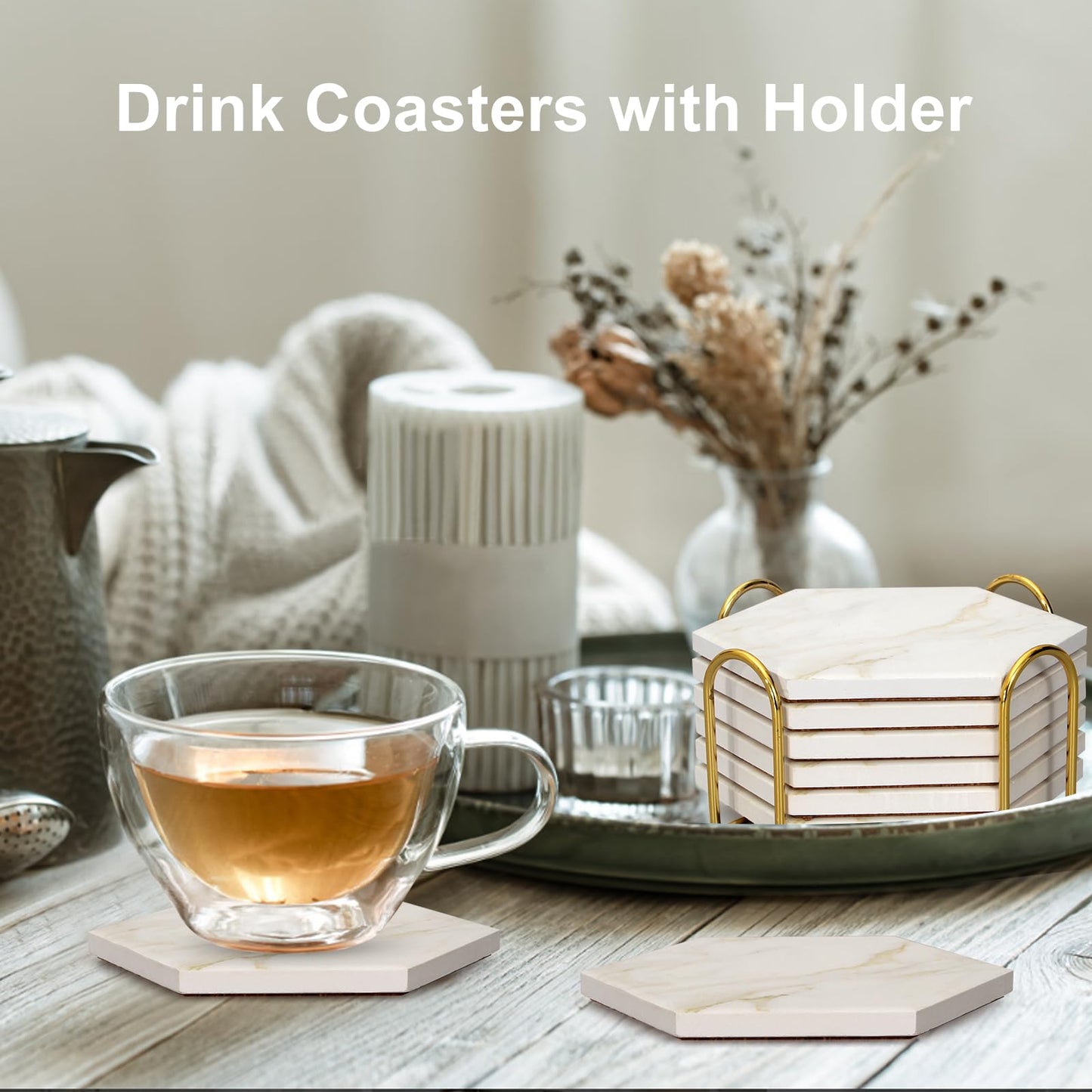 Dksyee 6Pcs White Marble Coaster Set with Holder Hexagon Ceramic Coasters Absorbent Coasters Drink Coasters Set for Coffee Table Bar Coasters Wine Coasters Modern Coasters Beer Coasters Cup Coasters