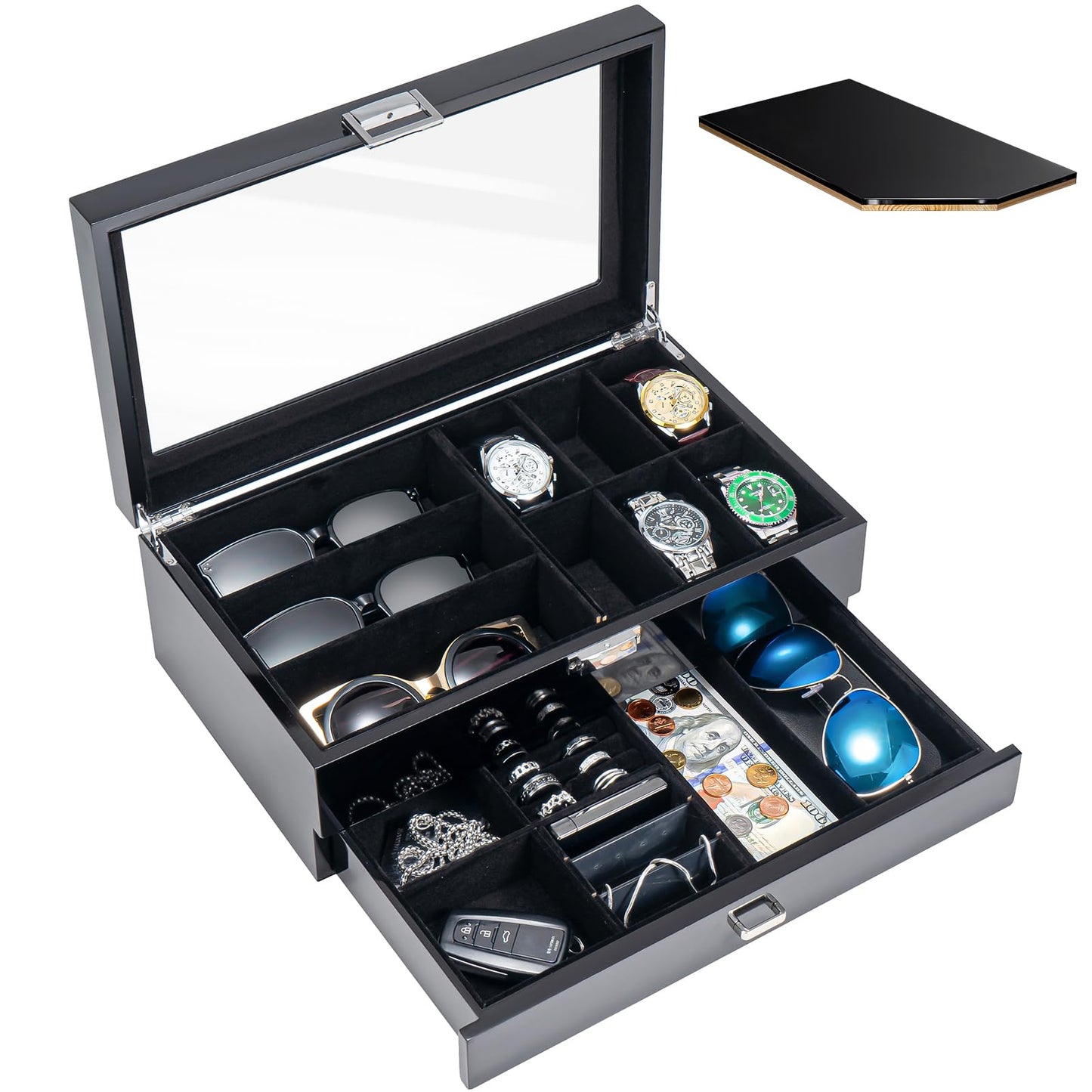 ProCase Lacquered Finish Wooden Men's Jewelry Box, 6 Slots Watch and Sunglasses Box Organizer for Men, Fathers Day Gift, 2-Tier Watch Holder Display Case with Glass Top and Storage Drawer -Black