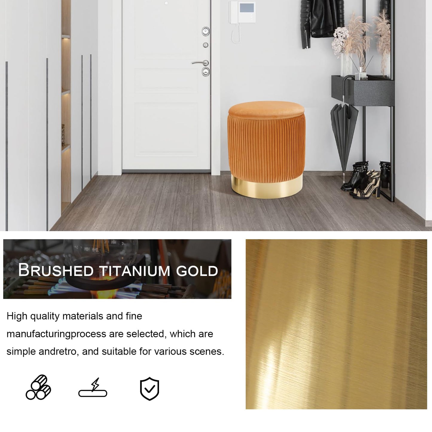 JUUON Round Velvet Storage Ottoman Set of 2, Nesting Pouf Footrest with Gold Metal Base and Pleated Design, Multifunctional Side Table & Vanity Stool for Living Room, Bedroom, Dorm (Pleated-Yellow)