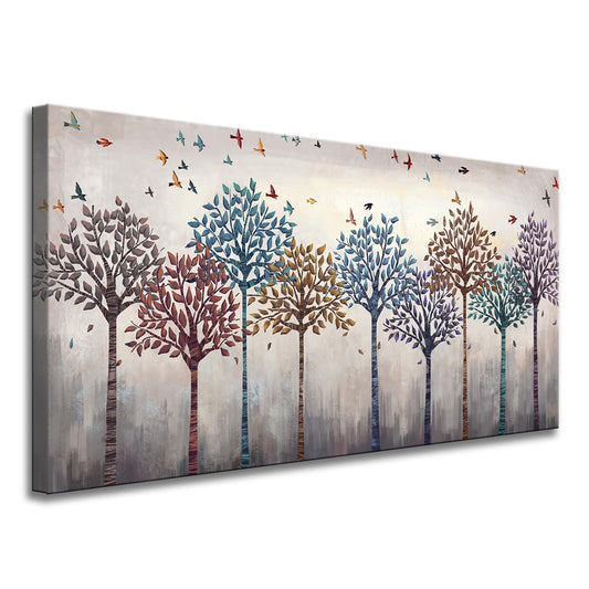 iHAPPYWALL Large Abstract Tree And Birds Canvas Wall Art Flying Birds over Colorful Forest Picture Print on Canvas Stretched and Framed For Living Room Bedroom Office Decor 24x48inch