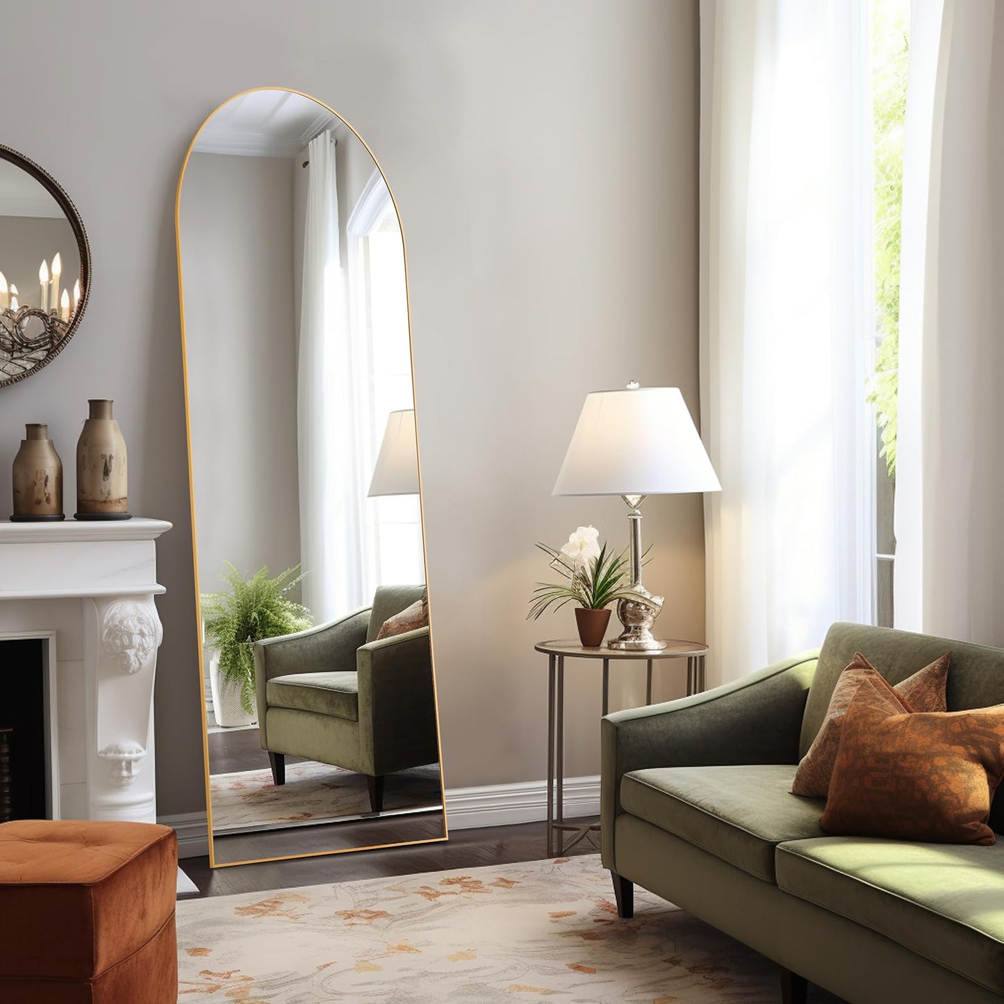 Aidoly Arched Mirror Full Length, Upgraded 21"x64" Body Wall Mirrors with Shatter-Proof Glass, Floor Standing, Hanging or Leaning, Tall Arch Mirror with Stand Aluminum Alloy Frame for Bedroom, Gold