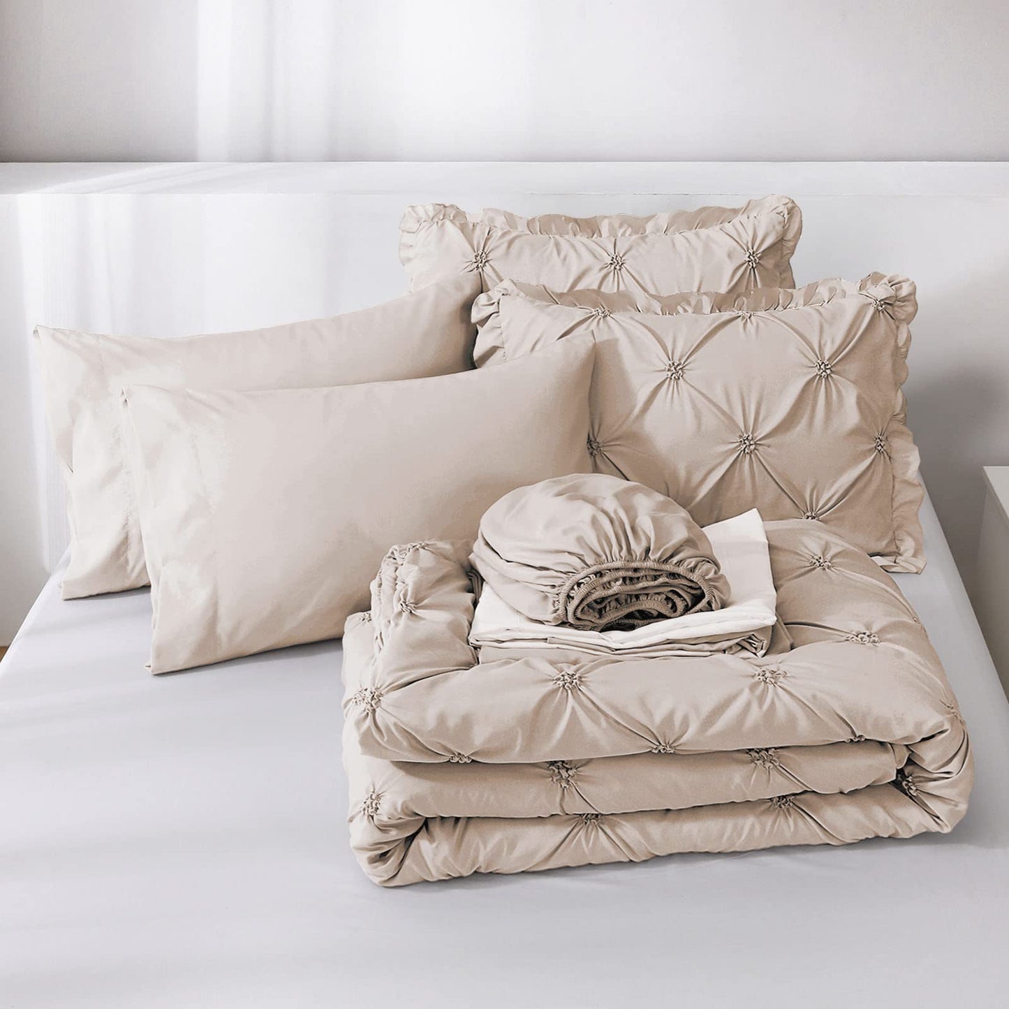 JOLLYVOGUE Queen Comforter Set 7 Pieces, Beige Bed in a Bag Comforter Set for Bedroom, Bedding Comforter Sets with Comforter, Sheets,Ruffled Shams & Pillowcases