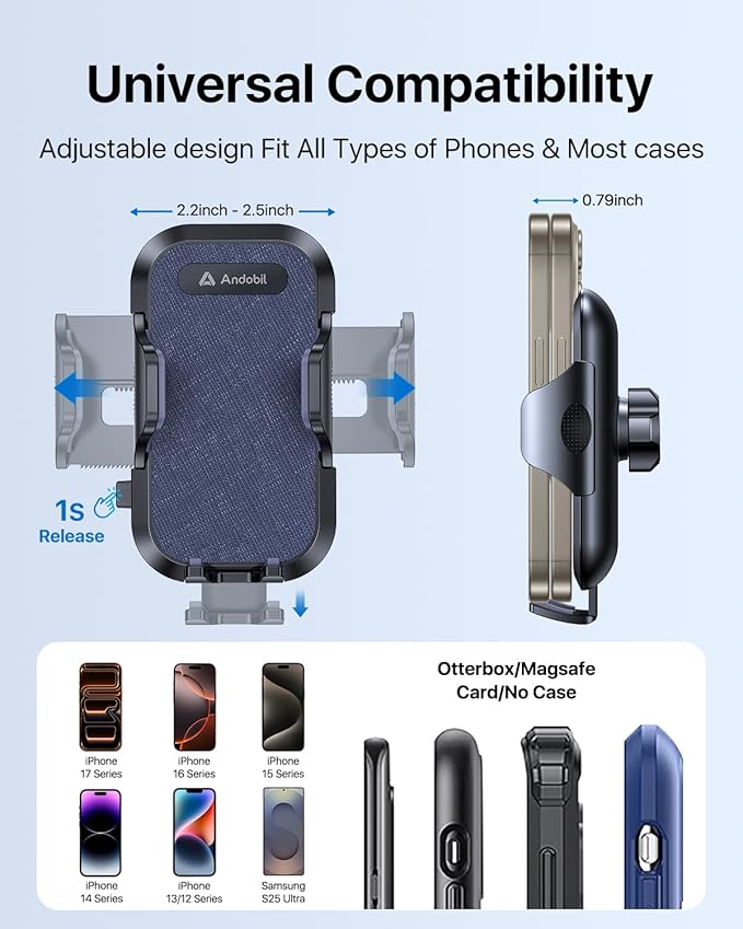 andobil Military-Grade Cup Phone Holder for Car/Truck, [2026 Enhanced] 13" 360° Adjustable Gooseneck w/Anti-Shake Car Mount, Universal Car Phone Holder for iPhone/Samsung All 4.0-7.0" Devices, Blue