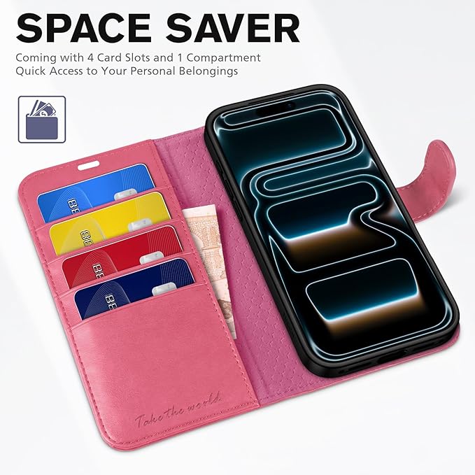 TUCCH Wallet Case for iPhone 17 Pro (6.3") 2025, 4 Card Slots | RFID Blocking | Stand | Shockproof TPU Shell | PU Leather | Magnetic Closure | Protective Flip Folio Cover | Hot Pink