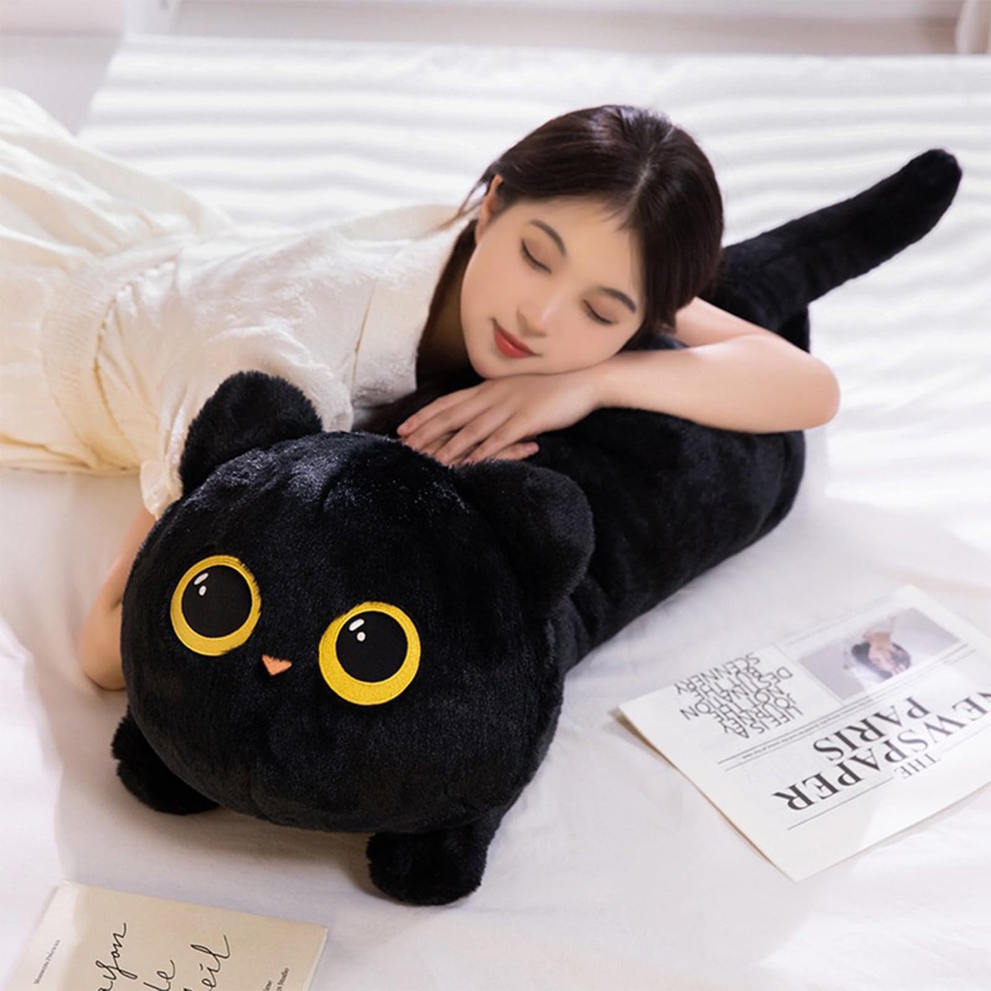 PEACH CAT 27.5" Long Cat Plush Pillow Cute Kitten Stuffed Animals Plushies Toy Gifts for Kids Black