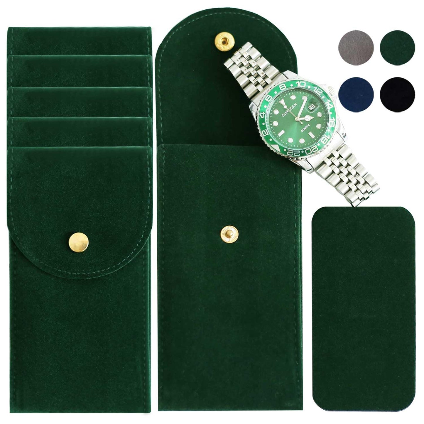 Bonaking 6PCS Velvet Watch Pouch, Green Portable Travel Case for Men & Women, Soft Watch Bag Storage