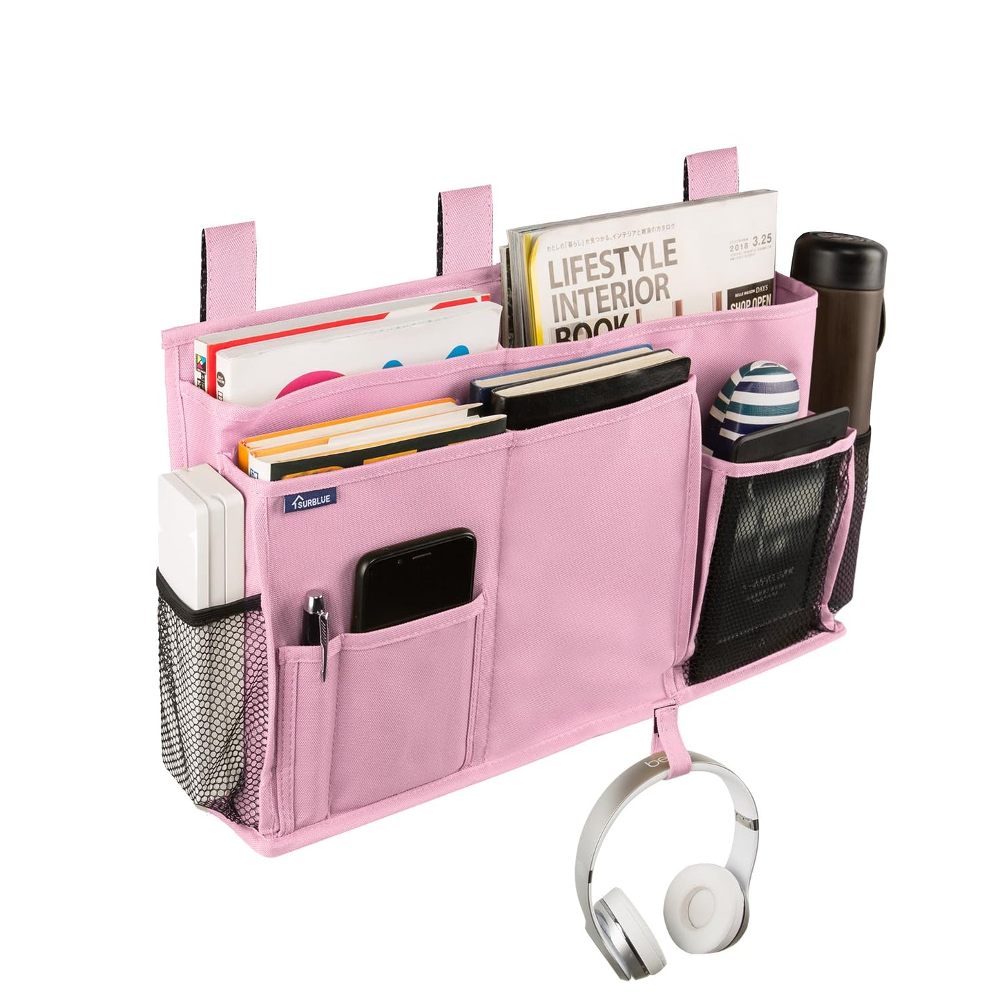 Surblue Caddy Hanging Organizer Bedside Storage Bag for Bunk and Hospital Beds, Pink, L