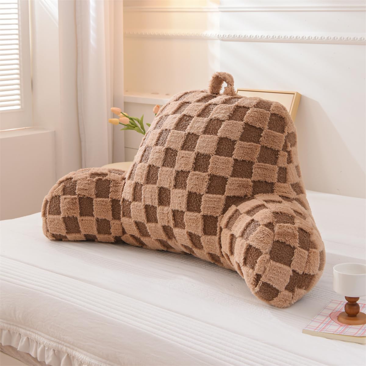 Holawakaka Checkered Reading Pillow for Bed and Sofa Couch Sitting Up, Backrest Pillows with Arms for Kids Teens Adults, Back Support Cushion for Lounging, Watching TV, Working on Laptop Khaki