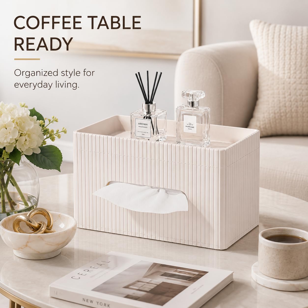 KINGFOM Ribbed PU Leather Tissue Box Cover with Storage Tray, Rectangular Facial Tissue Holder for Bathroom Vanity, Nightstand & Office Desk, Modern Decorative Tissue Dispenser (Ivory White)