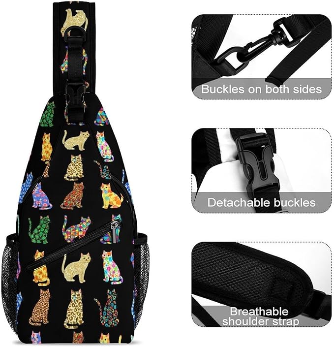 SWEET TANG Women Shoulder Chest Sling Bags Backpacks Colorful Cats, Fashion Casual Pack Crossbody Bags Daypack Multipurpose for Travel Outdoors Running
