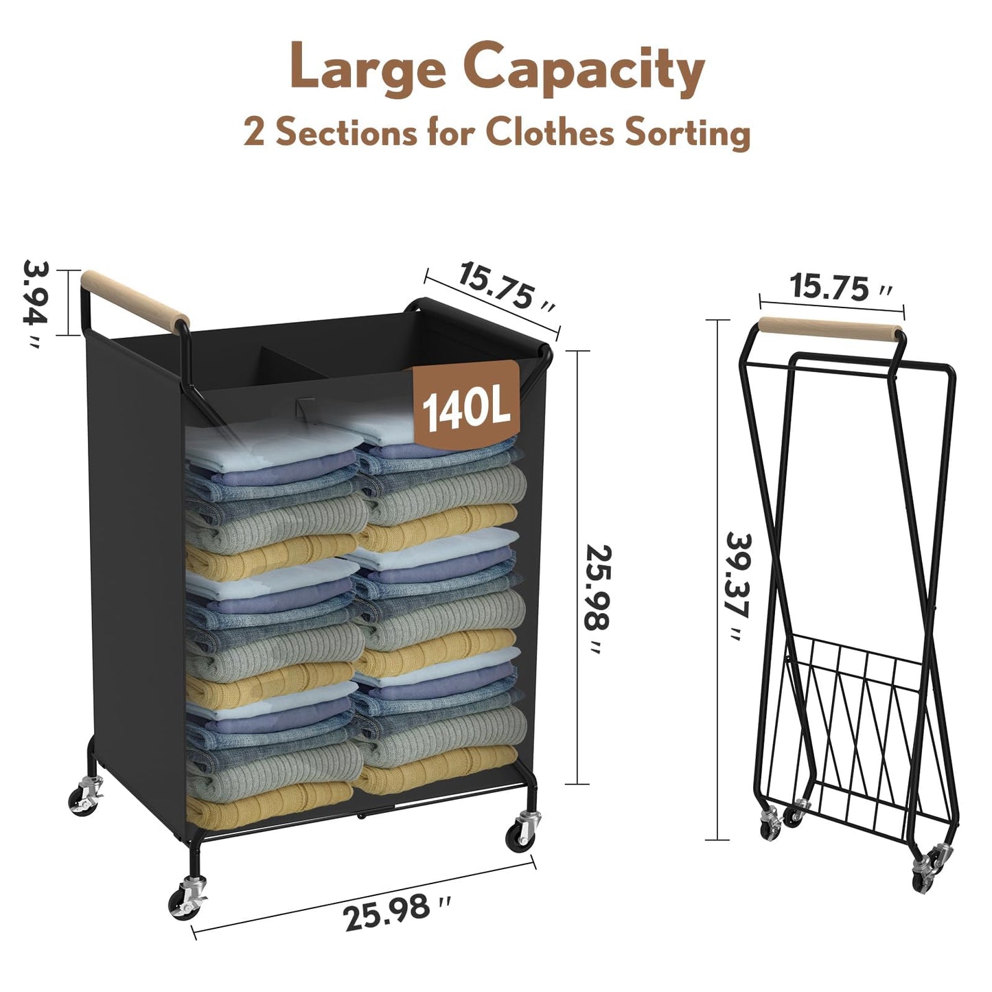 Foldable Metal Laundry Basket with Wheels, 2-Section Rolling Laundry Hamper, 37 Gallons (140L), Only 4LB, Removable Liner, Steel Frame with Handle