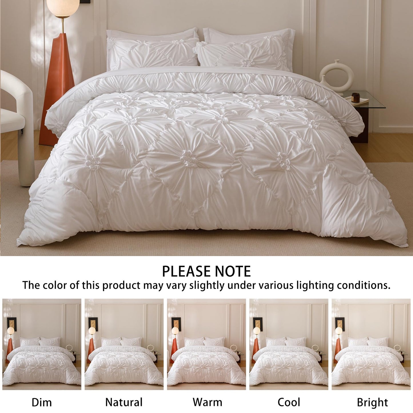 Nttopship White Queen Comforter Set - 7 Pieces Bed in a Bag, Premium Comforters Queen Size Bed Set Pintuck Pinch Pleat Complete Comforter Set with Flat Sheet, Fitted Sheet and Pillowcases,White