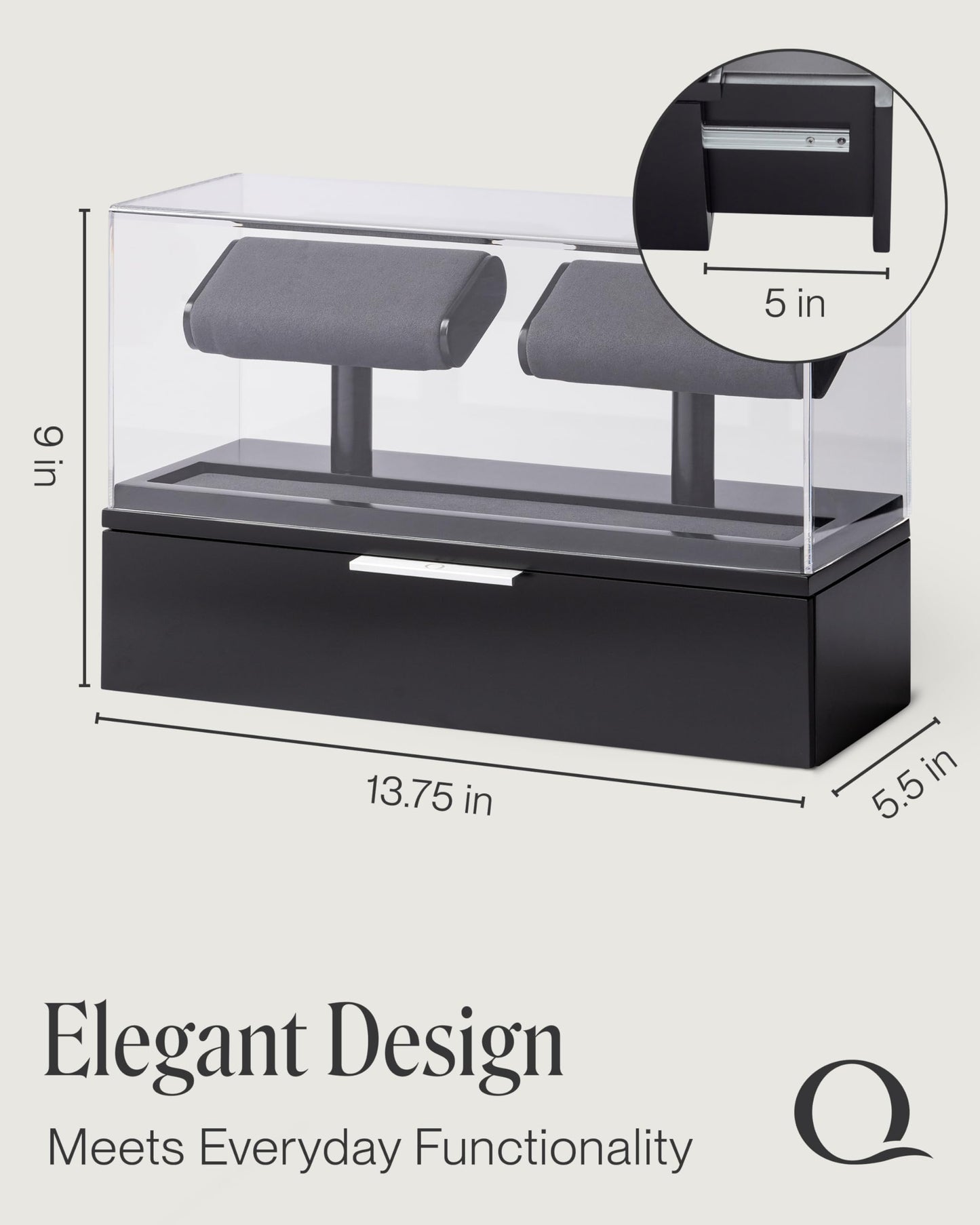 QWATCH Watch Stand Display Case - Acrylic Watch Box for 2 or 4 Watches with Jewelry Valet Tray and Drawer