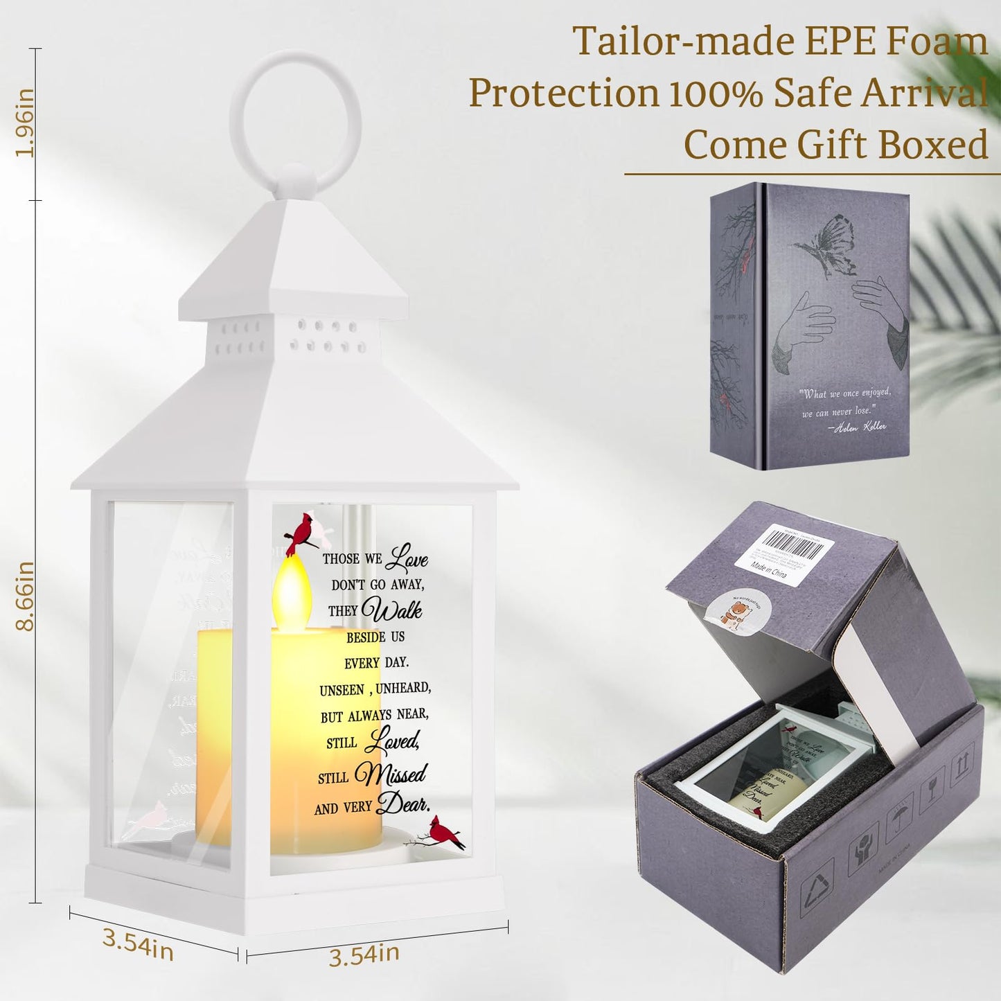 Sympathy Gifts for Loss of Loved One, Memorial Gift Lantern with Card, Bereavement Gift Candle Lights, Memory Lamp with Remote for Funeral Remembrance or Condolences (White)