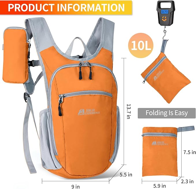 HIGH EXPERIENCE Hiking Backpack 10L/15L Small Daypack Lightweight Packable Travel Foldable Water Resistan for Women Men (Orange, 10L)