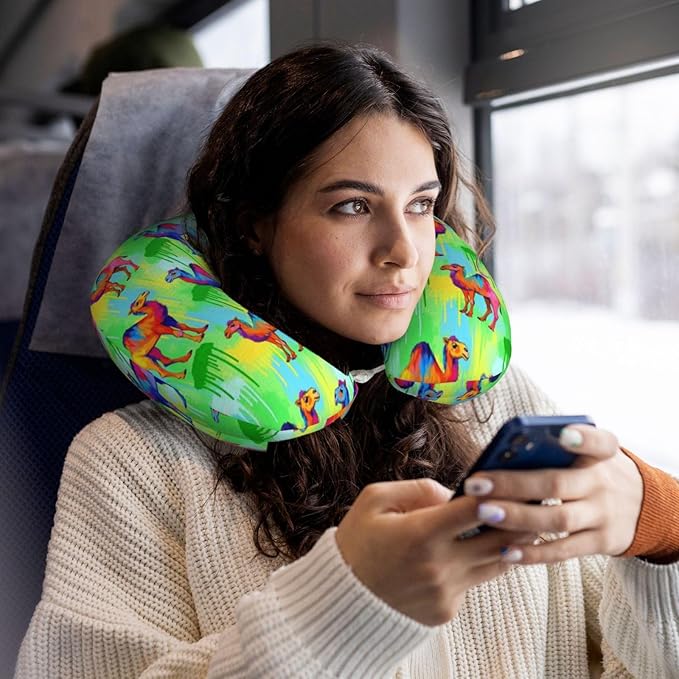 Funny Neck Pillow Support for Car Flight Rest Llama Alpaca Watercolor Camels Painting, Memory Foam U Shaped Decor Head Cushion for Home Outdoors Travel