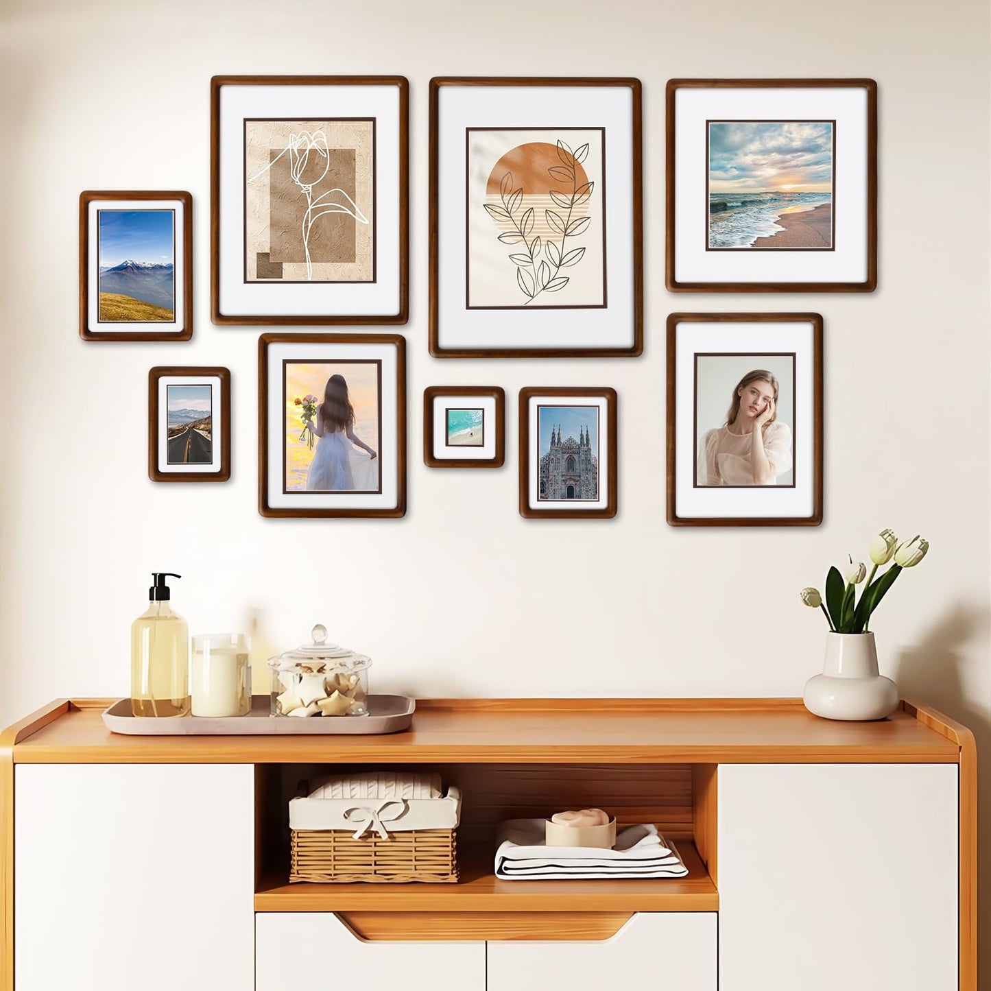 SZKYSJGS 5x7 Wood Picture Frame, Solid Natural Walnut Rounded Corner Photo Frame with Tempered Glass, 5 x 7 Wooden Frame Matted to 4x6, Wall or Tabletop Display