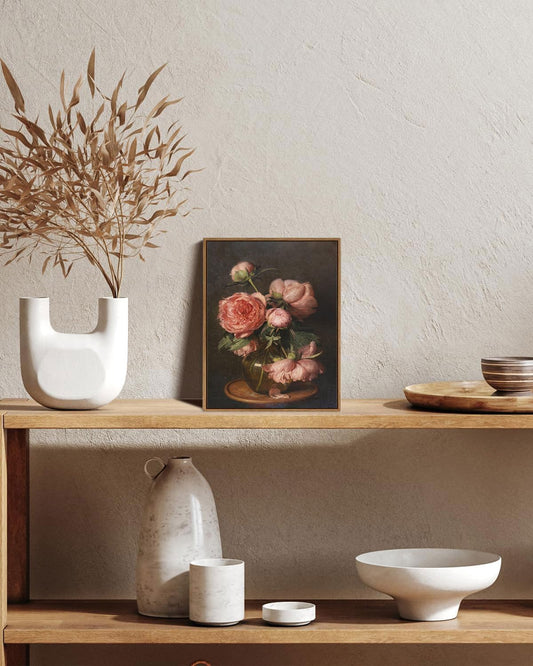 XJYISUO Framed Wall Art Peony Wall Decor Vintage Canvas Art Dark Moody Botanical Pictures Victorian Paintings Floral Artwork For Bedroom Living Room Farmhouse