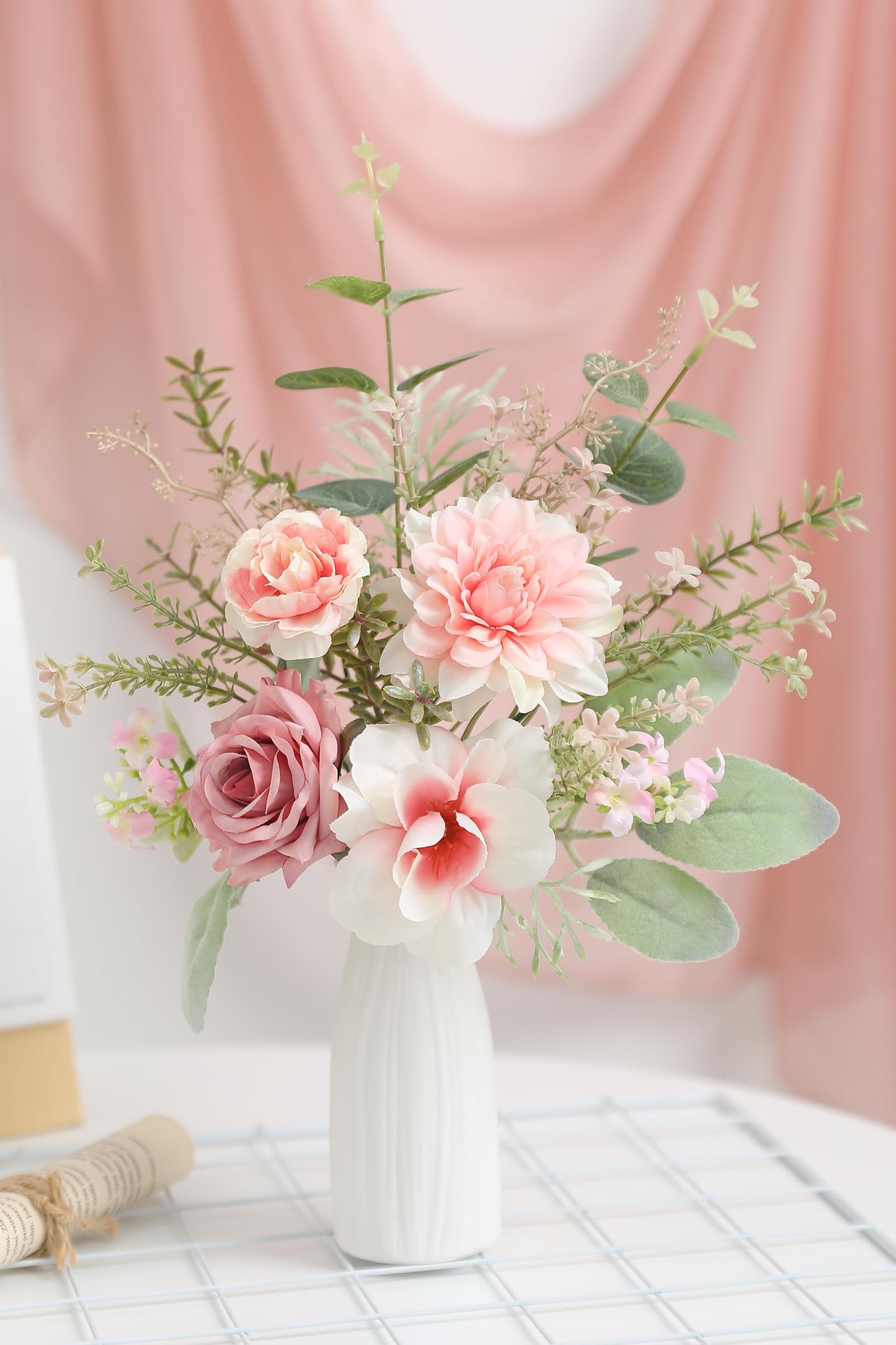 GAATEEK Small 11" Artificial Flowers in Ceramic Vase - Pink Silk Flower Centerpiece for Dining Table, Office, Wedding & Farmhouse, Home Decor Gifts