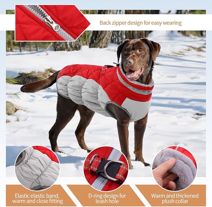 OUOBOB Dog Jackets for Medium Dogs,Medium Dog Coat,Warm Pet Winter Coat Zip Up Back,Waterproof Dogs Jacket with D-Ring,Pet Cold Weather Coats with Fleece Lined, Snowsuit Pug Boston Terrier,Red,M