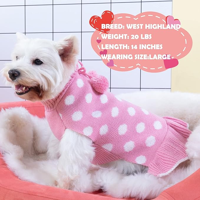 KYEESE Valentines Dog Sweater Dress, Warm Dog Sweaters for Small Dogs Girl Dogs Clothes, Pullover Cozy Knit Pet Apparel with Leash Hole, Pink Dot, L