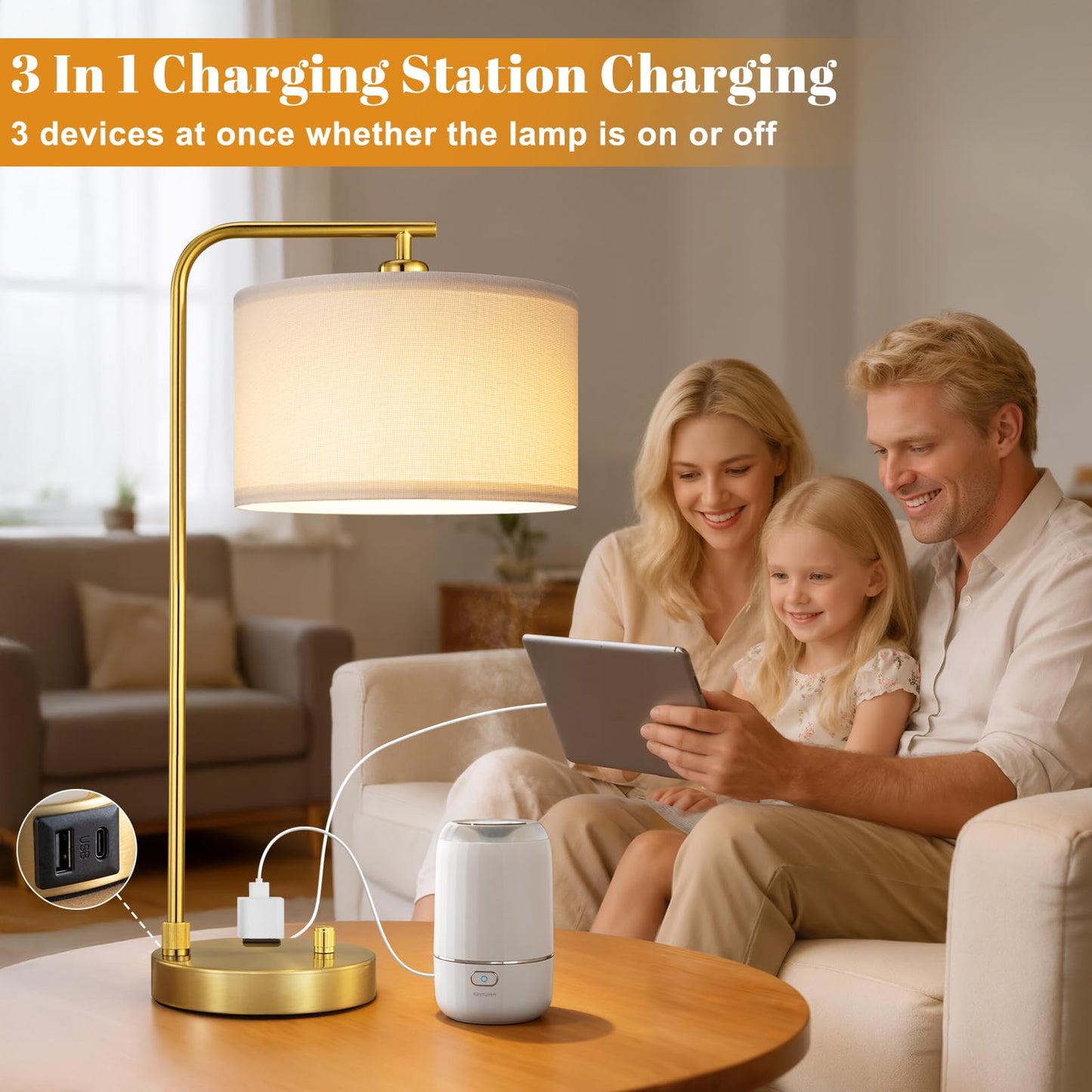 Innqoo Bedside Table Lamps for Bedroom Set of 2-Dimmable Nightstand Lamps with USB Port and Outlet,Modern Gold Lamps with Linen Shade,Tall Desk Lamps for Home Office Bedroom Living Room End Table