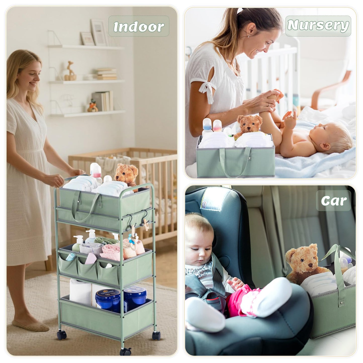 Honeydak 2in1 Baby Diaper Caddy Organizer Cart 3 Tier Large Capacity Metal Utility Bedside Rolling Cart with Divider Newborn Registry Nursery Essential Must Have Crib Bedroom Baby Shower(Green)