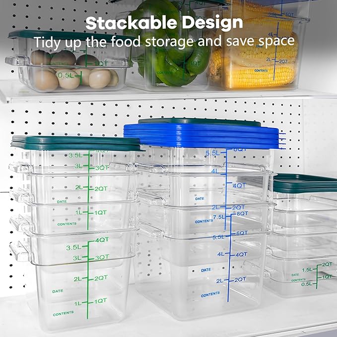 TSUBOR 4 Pack Food Storage Containers with Blue Lids, 6.0 Qt - Square, Clear, Polycarbonate, for Restaurant Commercial Kitchen and Home party