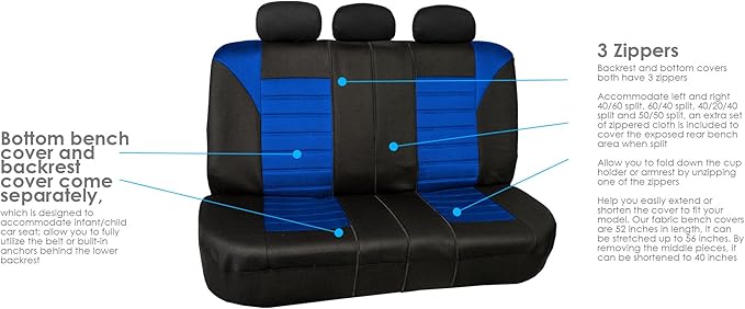 FH Group Automotive Car Seat Covers Rear Set Premium 3D Air Mesh Seat Covers, Airbag Compatible and Split Bench Cover Universal Fit Interior Accessories for Cars Trucks and SUVs - Blue