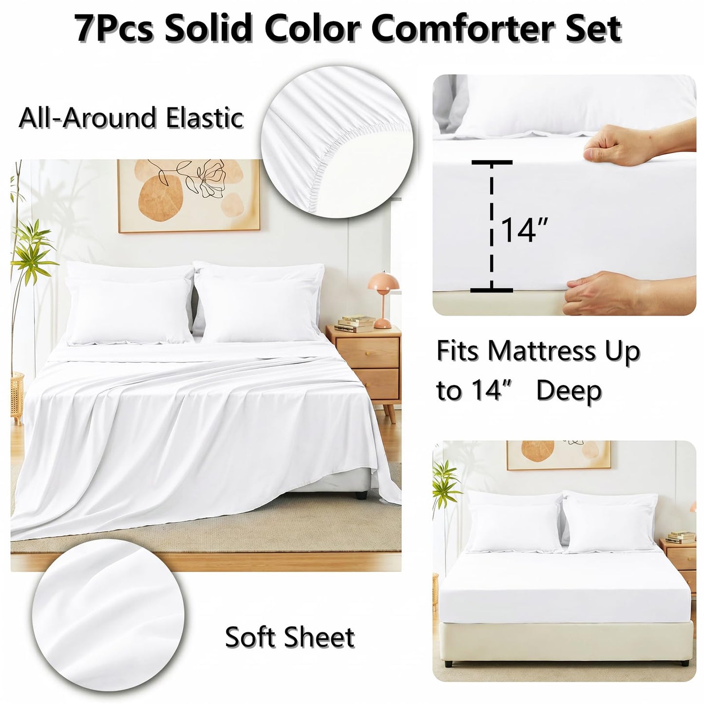 CozyLux Queen Comforter Set White, 7 Pieces Bed in a Bag Queen Comforter Set with Sheets, Soft Bedding Sets with Down Alternative Comforter, Sheets, Pillowcases & Shams, Bed Set Gift for All Seasons