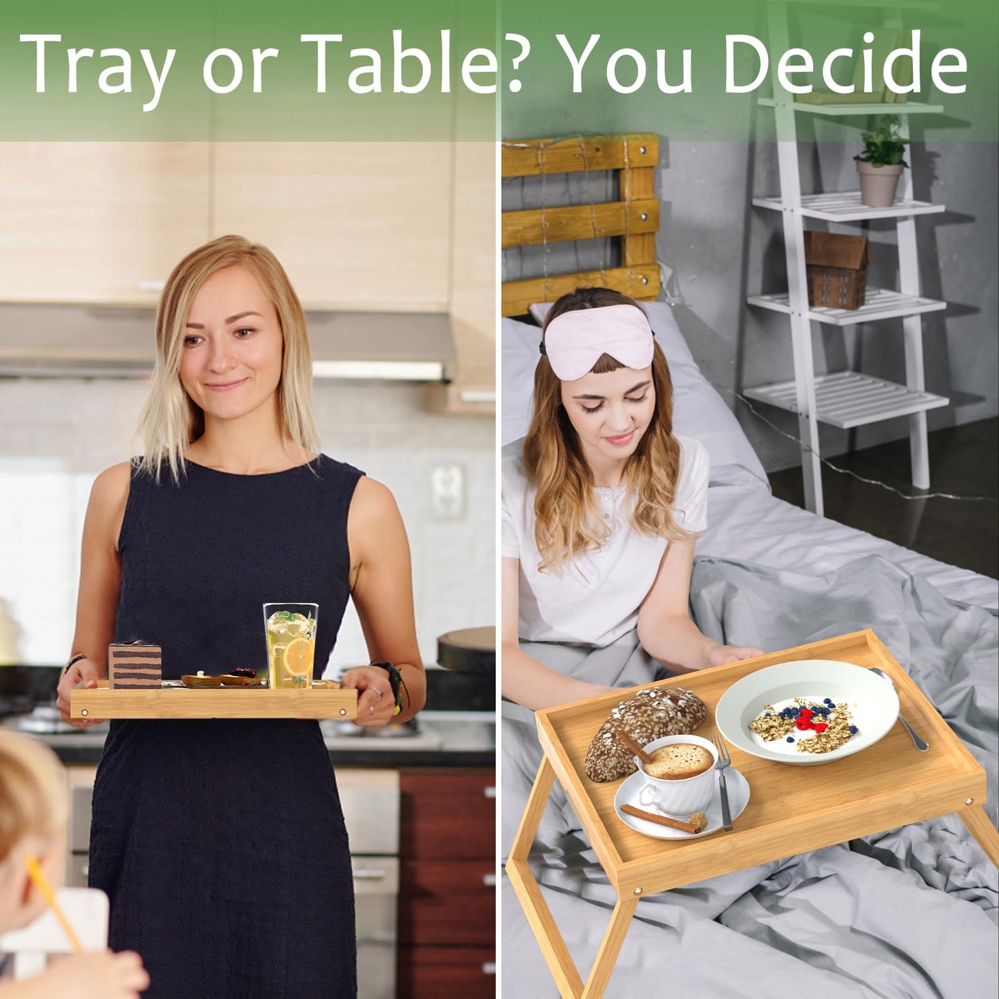 2 Pack Bed Tray Table with Foldable Legs, Bamboo Breakfast Tray for Sofa, Beds, Eating, Working, TV Table, Food, Dinner, Computer Trays, Laptop Desk Snack Folding Trays in Bed