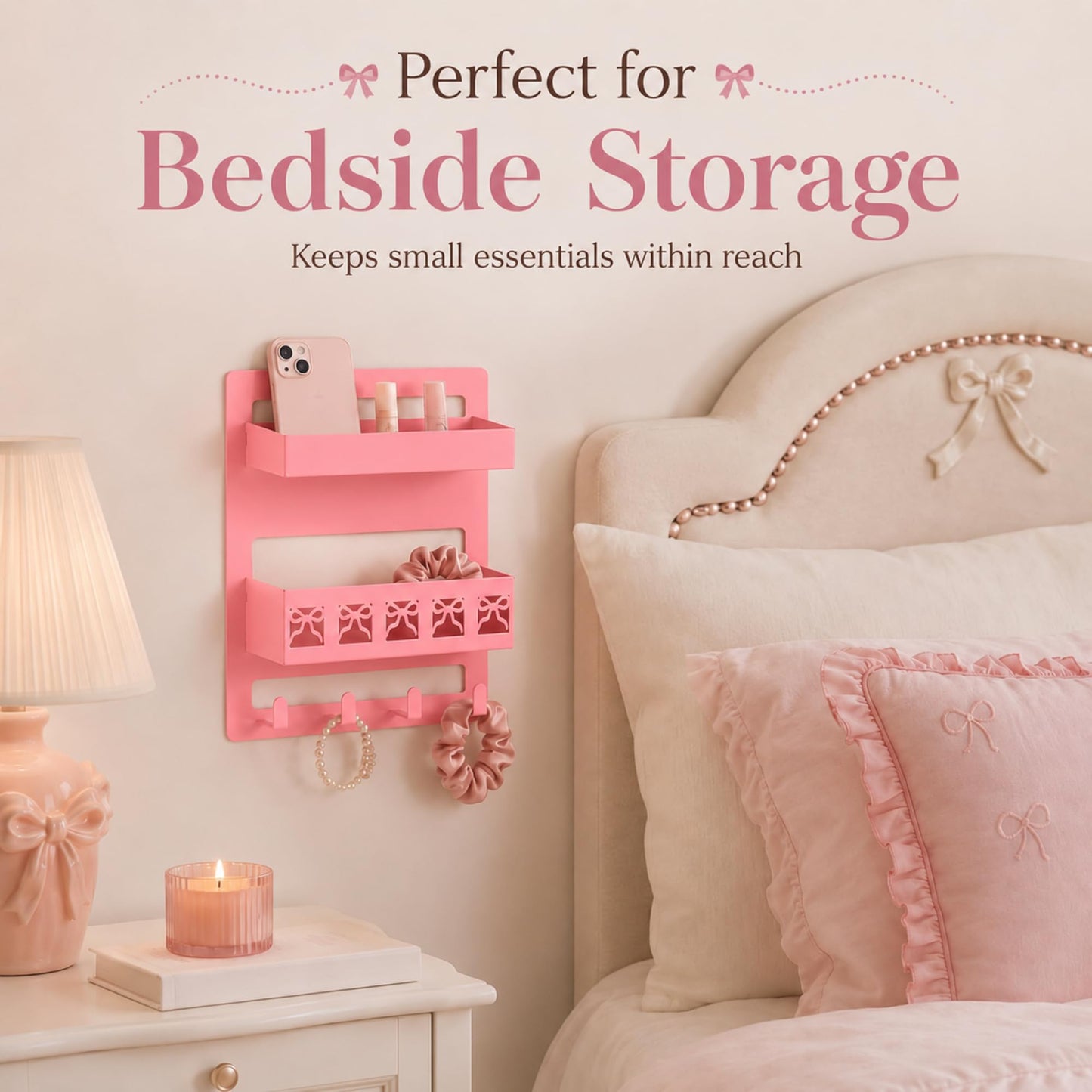 Otoolling Floating Shelves for Bedside Pink Bow Coquette Aesthetic Room Decor Metal Wall Mount Bedside Wall Shelf Organizer Cute Bedroom Accessories for Teen Girl Dorm Room Bunk Bed