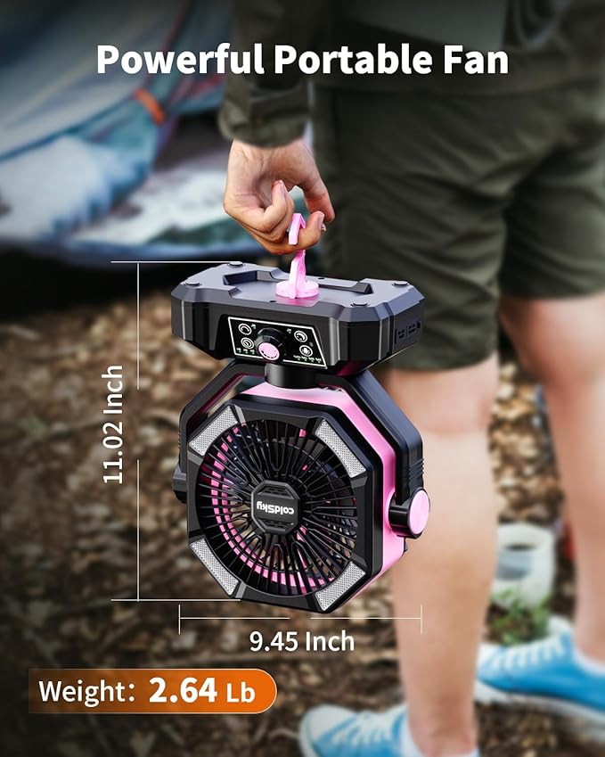 coldSky 𝟮𝟬𝟬𝟬𝟬𝗺𝗔𝗵 Camping Fan with Dual Motor, Battery Operated Fan with 4 LED Lantern, 8 Speeds Desk Fan with Remote, Portable Outdoor Fan with Hook for Tent, Power Outages, Jobsite (Pink)
