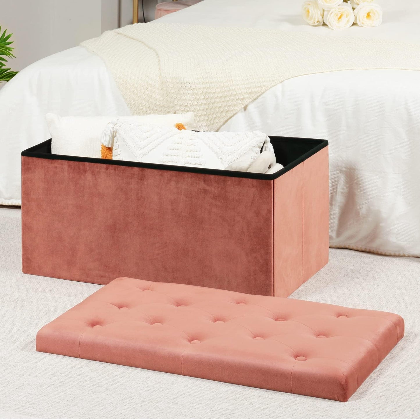 B FSOBEIIALEO Folding Storage Ottoman, Long Ottomans Shoes Bench, Velvet Storage Chest Footrest Seat 31.5"x15.7"x15.7" (Warm Red, Large)
