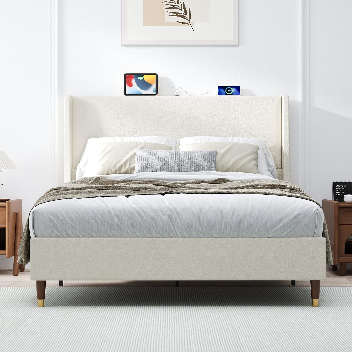 MALOL Queen Bed Frame with Upholstered Linen Headboard, Platform Bed with USB Charging Ports, Sturdy Metal Frame, No Box Spring Required, Quiet Noise-Free Modern Bedroom Furniture, Beige