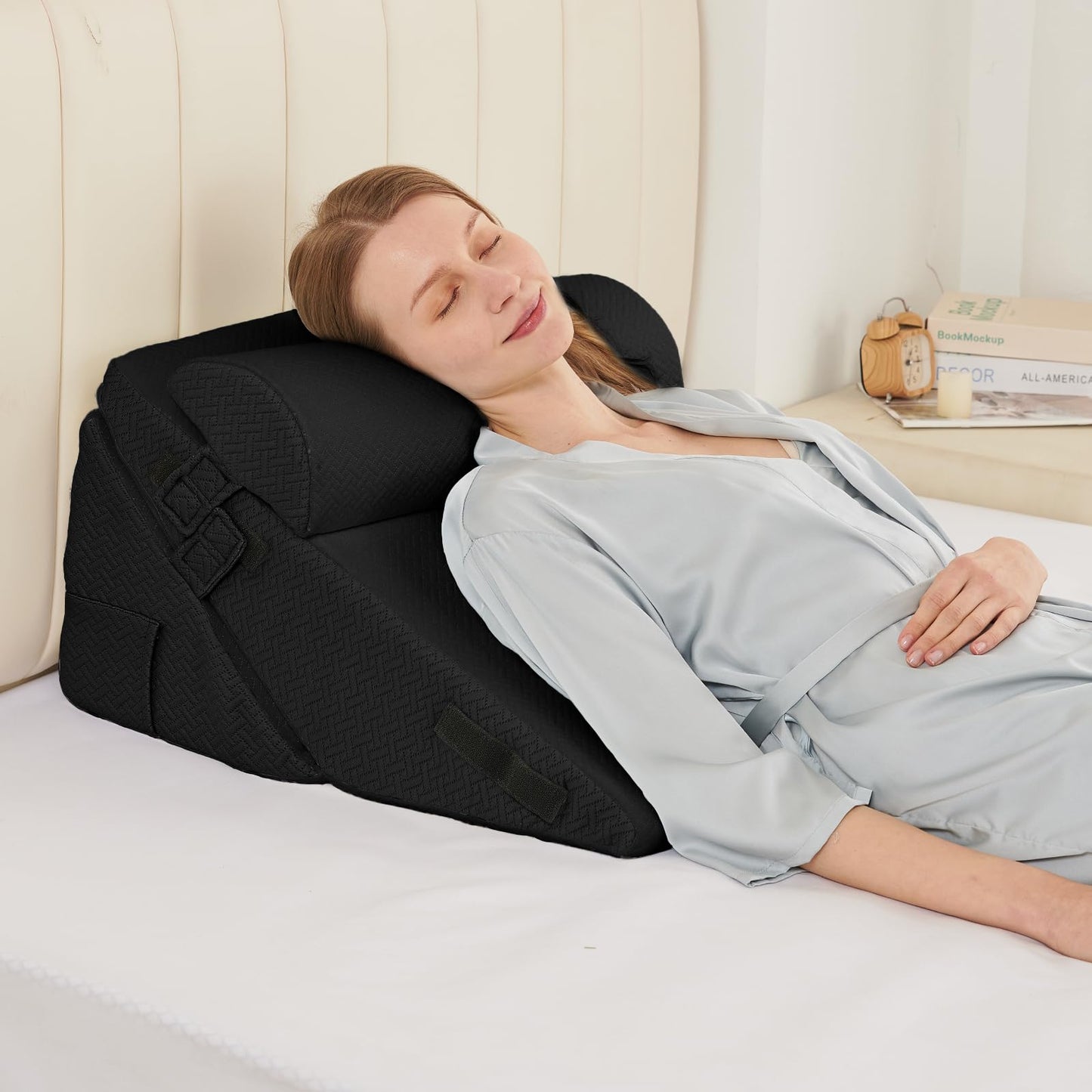Sasttie Wedge Pillow Set for After Surgery, 2PCS Adjustable Bed Wedge Pillow Headboard with Memory Foam Neck Cushion – for Acid Reflux, Sleeping, Neck & Back Support, Black
