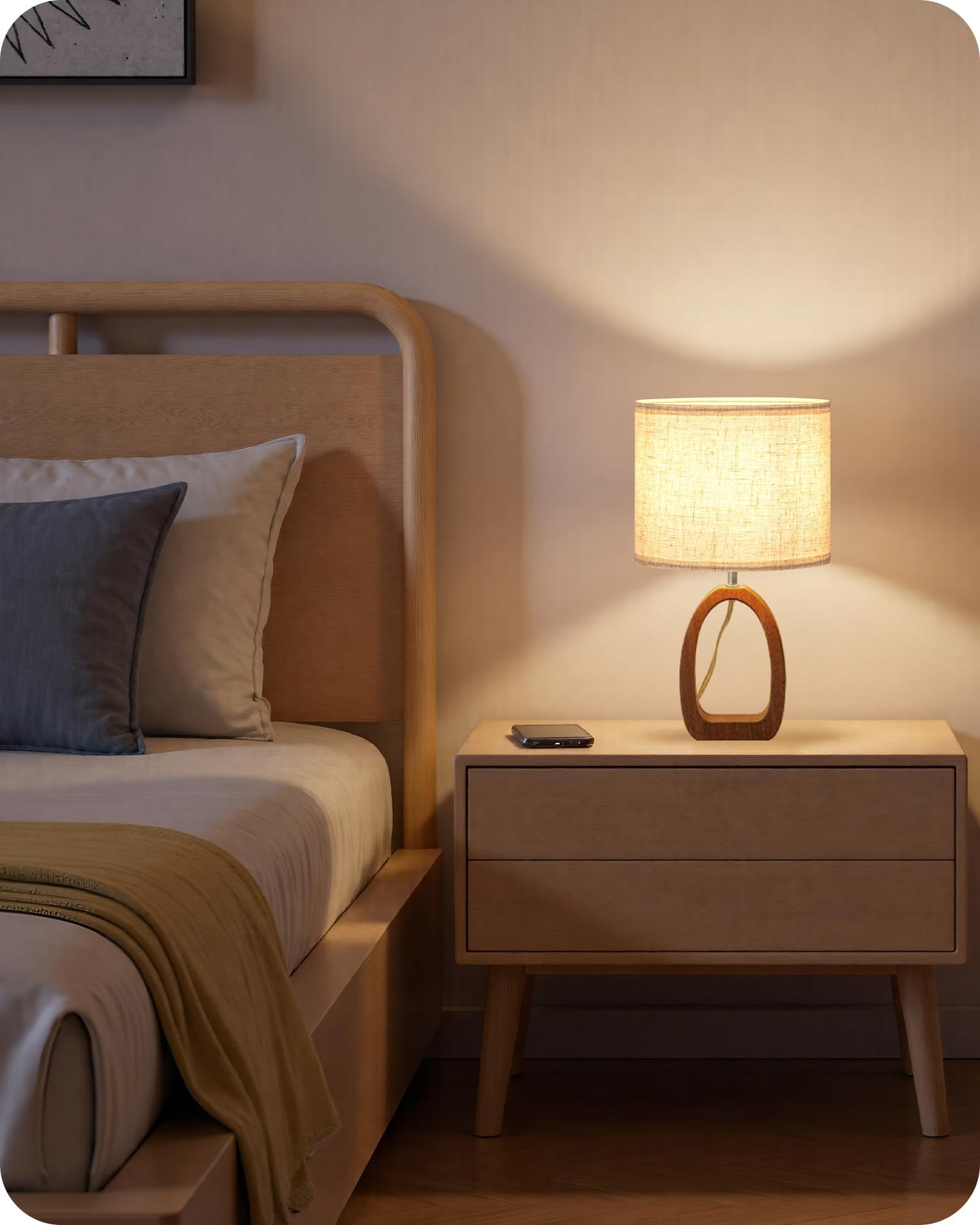 GOEBLESON Small Table Lamp, 14.2" Cute Little Desk Lamp, Wood Bedside Lamp with Linen Lampshade, Modern Nightstand Lamp for Bedroom, E26 Base, Bulb Not Included, Beige and Dark Natural LE07TL05